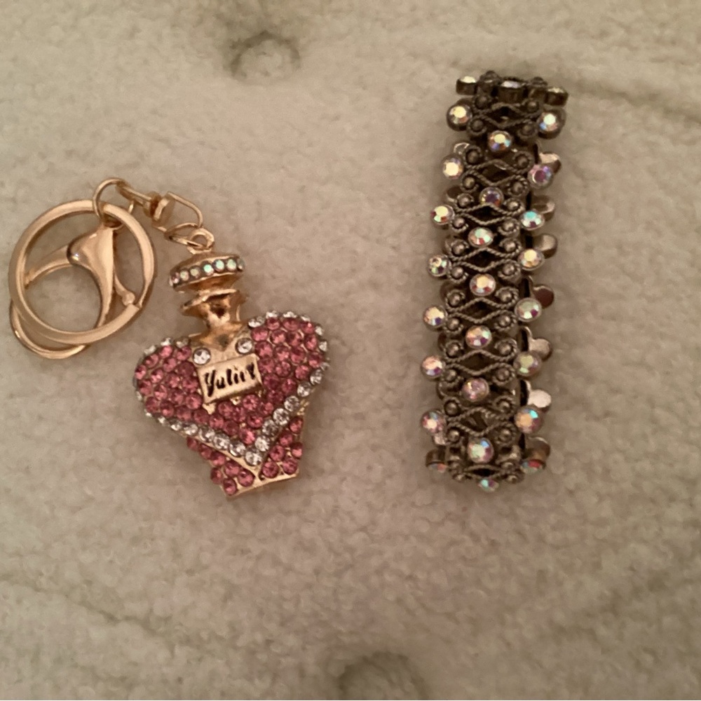 Pink Heart Keychain and Rhinestone Bracelet